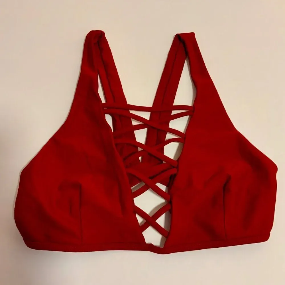 Cupshe Wine Red Lingering Farewell Lace Up Bikini Top Small